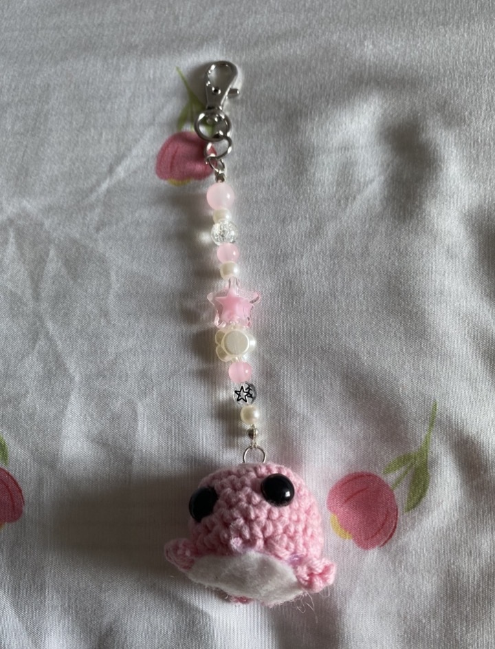 pink whale keychain with beads